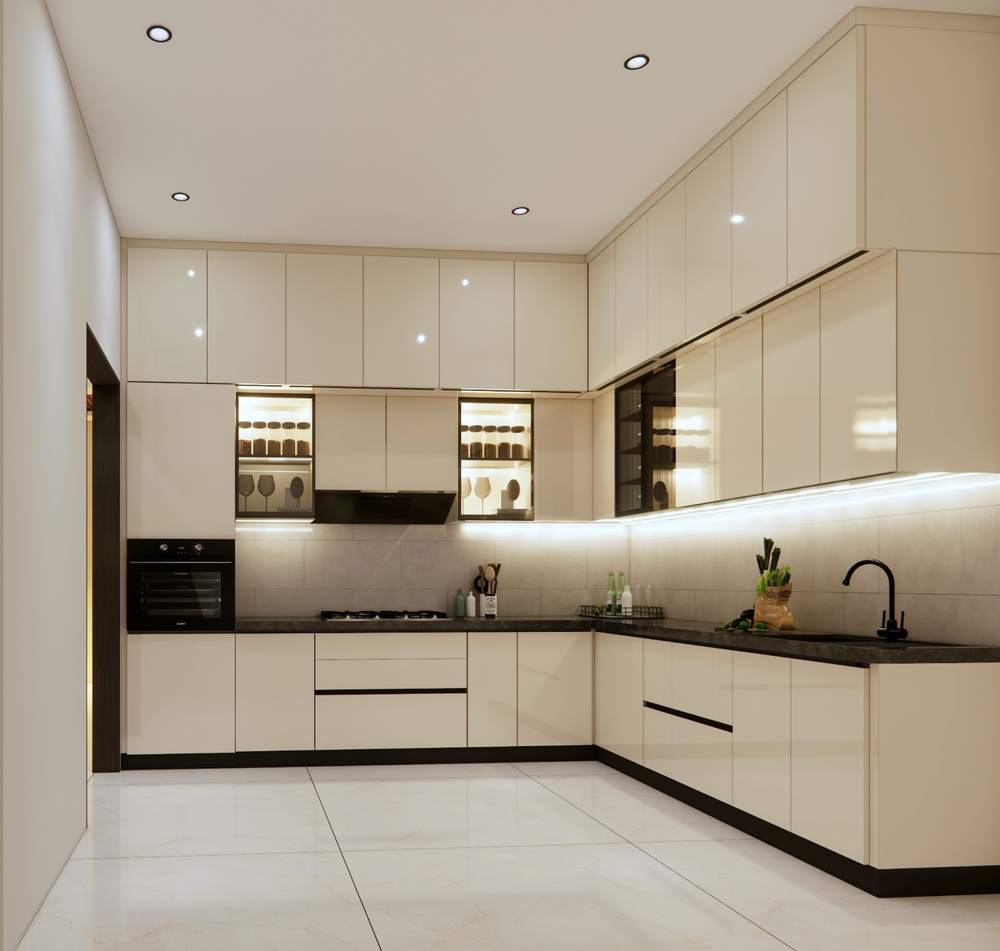 Glossy cream modular kitchen, L-shape layout